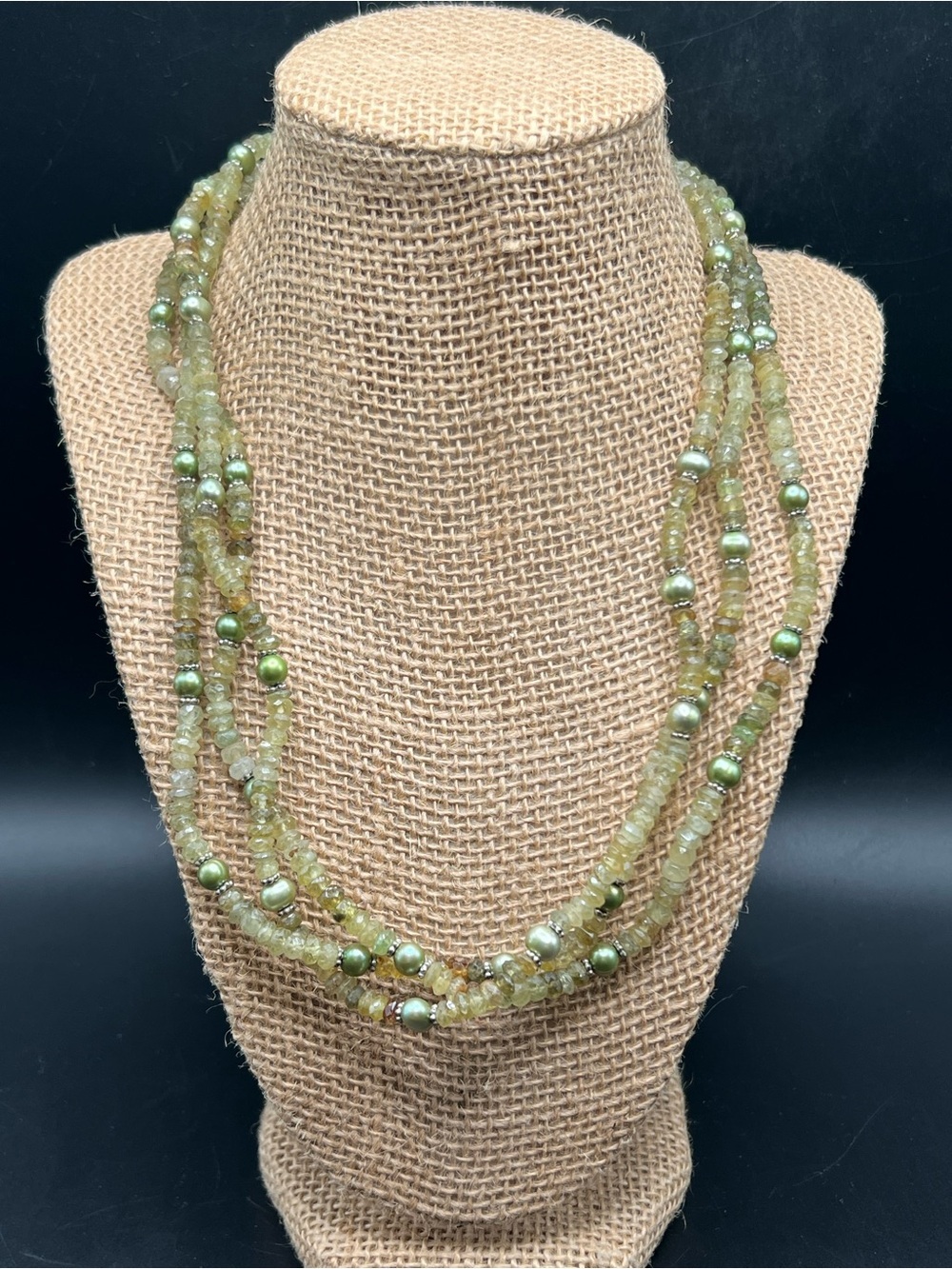925 Triple Strand Natural Gemstone Rondelle & Green Freshwater Pearl Necklace